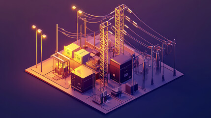 Poster - An isometric schematic view of an electrical substation, Power distribution, 3d illustration
