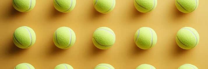Aufkleber - Multiple tennis balls are arranged in a grid pattern on a vibrant yellow backdrop, creating a visually appealing and sporty composition
