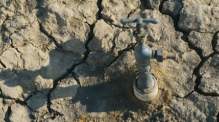 Aufkleber - A water tap sits dry amid a cracked, barren landscape, highlighting water shortages and environmental problems associated with drought