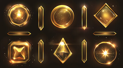 Fototapete - A vector illustration set featuring gold buttons featuring various geometric shapes with frames and a shining light effect, golden oval, square circle, triangle, star, hexagon, and pentagon rectangle