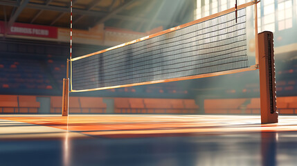 Aufkleber - A sports theme is depicted on an indoor volleyball court, featuring an angled view of a detailed volleyball net with sturdy end posts