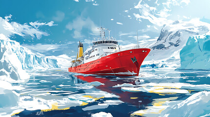 Poster - A powerful red icebreaker ship sails through frozen polar waters surrounded by glaciers and icy landscapes, showcasing exploration, resilience, and arctic navigation