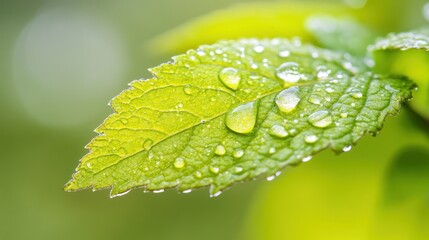 Aufkleber - A Single Green Leaf Covered in Dew Drops
