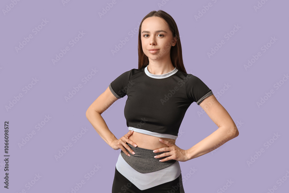 Young female trainer on lilac background