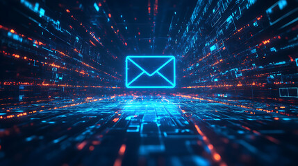 Leinwandbilder - A glowing blue mail icon surrounded by streams of digital data, symbolizing the fast flow of electronic communication in a virtual, futuristic digital world