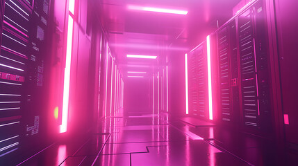 Fototapete - A futuristic neon-lit data center server room, with glowing pink and purple lights reflecting on sleek floors, showcasing high-tech racks filled with data servers