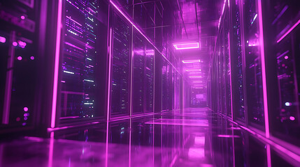 Poster - A futuristic neon-lit data center server room, with glowing pink and purple lights reflecting on sleek floors, showcasing high-tech racks filled with data servers