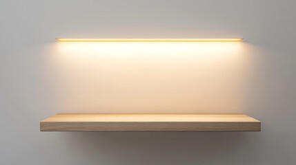 Aufkleber - 3D mockup of an empty niche or shelf with an LED light on a white wall, Display case made of plastic or wooden for retail or gallery use,  Furniture for interior design
