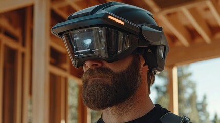 Poster - Man Wearing a Futuristic Augmented Reality Helmet with a Display