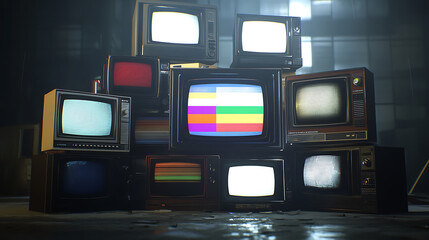 Poster - stack of various television sets from the 1970s with a test pattern displayed on the screen, static, fuzzy digital screen background
