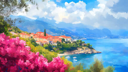 Poster - picturesque coastal town landscape with colorful azalea flowers in full bloom french riviera scenery digital painting