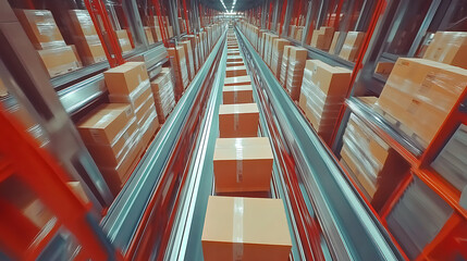 Leinwandbilder - overhead view of cardboard boxes moving on automated conveyor belt efficient distribution center 3d rendering