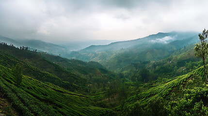 Aufkleber - panoramic view of lush green tea plantations in munnar india rolling hills landscape travel photography
