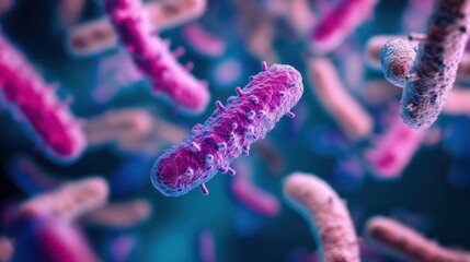 Poster - Close-up of a single purple bacterium with a blurred background of other bacteria