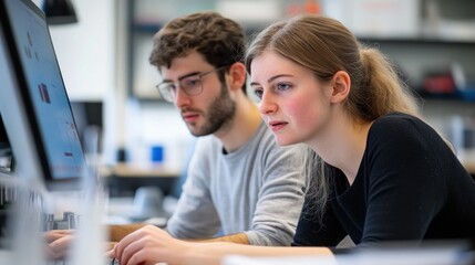 Poster - Young woman and man collaborating on a computer