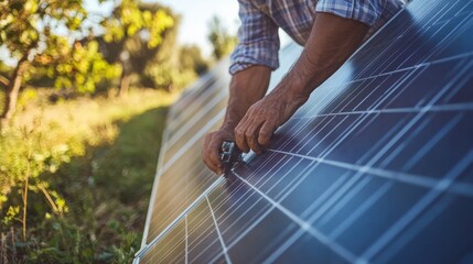 Poster - Man's Hand Inspecting Solar Panel Installation in Green Field