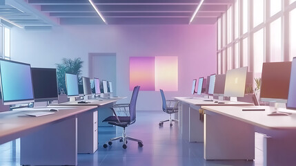 Poster - modern office workplace interior with row of desks and computers 3d illustrations