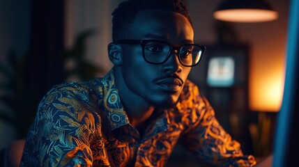 Poster - Close-up Portrait of a Man Wearing Glasses and a Patterned Shirt in Warm Lighting