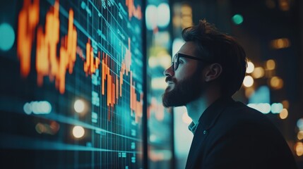 Poster - Bearded Man in Glasses Studying Stock Market Data