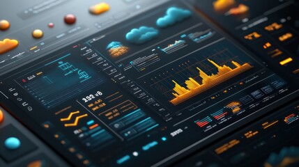 Poster - Futuristic Digital Interface with Data Visualization and Cloud Symbols