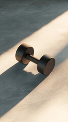 Aufkleber - Sleek black dumbbell on the floor, casting a shadow in sunlight, symbolizes commitment to fitness and health