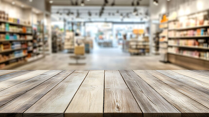 Aufkleber - empty wooden table on background of abstract blur white interior, montage, product display, inside and window