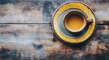 Aufkleber - ceramic cup and plates on a wooden table top view, minimalist set of handmade ceramic tableware and pottery