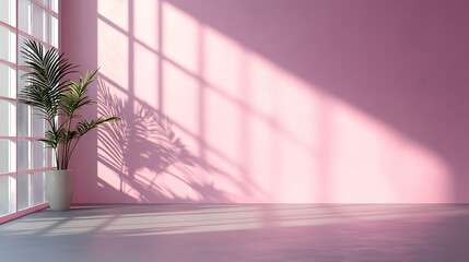 Fototapete - Wall interior background, studio and backdrops show products, with shadow from window color pink background for text insertion and presentation product