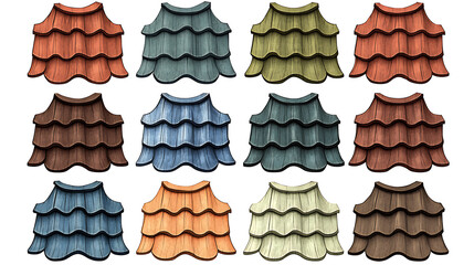 Poster - Vector set of traditional roof tile textures, featuring rounded wooden and clay wave tiles in blue, red, green, and brown tones on a white background