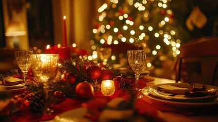 Wall Mural - Christmas dinner table setup, vibrant decor, cozy atmosphere, soft lighting