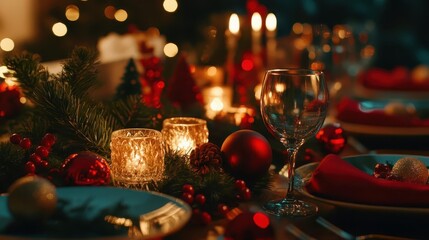 Wall Mural - Christmas dinner table setup, vibrant decor, cozy atmosphere, soft lighting