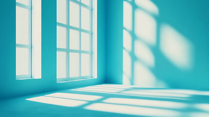 Poster - Minimalistic simple abstract light blue background for product presentation, Shadow and light from windows on wall