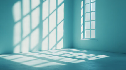 Poster - Minimalistic simple abstract light blue background for product presentation, Shadow and light from windows on wall
