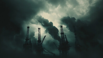 Wall Mural - In this scene, dark clouds loom over an industrial landscape, where silhouetted oil rigs create an ominous and somber atmosphere