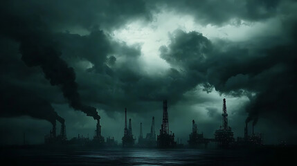 Poster - In this scene, dark clouds loom over an industrial landscape, where silhouetted oil rigs create an ominous and somber atmosphere