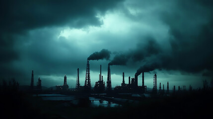 Poster - in this scene, dark clouds loom over an industrial landscape, where silhouetted oil rigs create an o