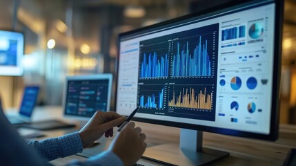 Poster - Person Analyzing Data on a Computer Monitor with Graphs and Charts