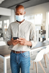 Poster - Black man, phone and reading in office with mask, connectivity and Covid 19 news update. Business person, PPE and mobile in workplace for notification, social media and schedule app for planning