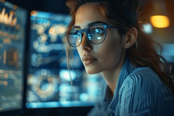 Poster - female engineer coding in high-tech office with digital screens and futuristic lighting