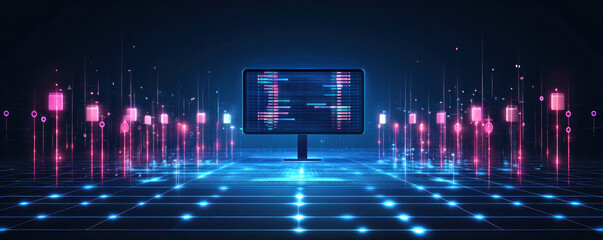 Poster - A computer monitor is displayed in a futuristic setting with a blue background. The monitor is surrounded by a series of glowing lights, creating a sense of depth and immersion