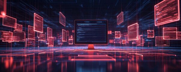 Poster - a computer monitor is surrounded by a field of glowing computer code. concept of technology and inno