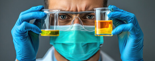 Poster - A man wearing a lab coat and a face mask holds two beakers, one of which is yellow