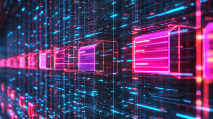 Poster - A computer screen with a blue and red background and a row of pink squares. The squares are arranged in a row and are all different sizes