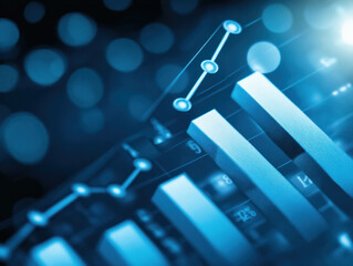 Poster - A blue background with a series of blue bars that are connected to each other. The bars are of different heights and are arranged in a way that they form a line. Concept of progress and growth