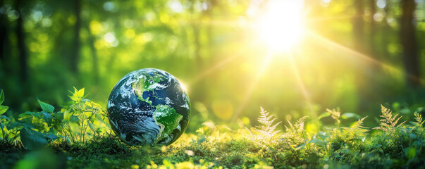 Poster - A small globe is sitting on a patch of grass in a forest. The sun is shining brightly, casting a warm glow on the scene. Concept of peace and harmony, as the natural environment