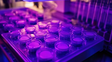 Poster - A close-up of multiple glass vials filled with a purple liquid or powder in a laboratory setting.