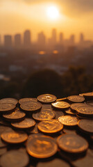 Poster - A pile of gold coins on a table with a city in the background. The coins are shiny and the city is in the distance