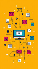 Poster - a computer monitor with a lot of icons and a blue screen. the icons are connected to each other in a