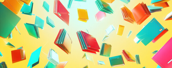 Poster - A colorful image of books flying through the air. Concept of excitement and energy, as if the books are being released from a library or a bookstore. The vibrant colors of the books