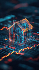 Poster - A house is shown in a digital format with a red and orange roof. The house is surrounded by a blue and red grid. The image conveys a futuristic and technological atmosphere